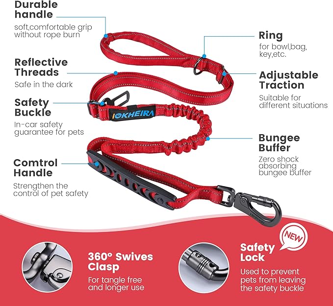 IOKHEIRA 6Ft /4Ft Dog Leash Rope for Large Dogs, Heavy Duty with Comfortable Padded Handle and Highly Reflective Threads,4-in-1 Multifunctional Dog Leashes with Car Seat Belt for Training