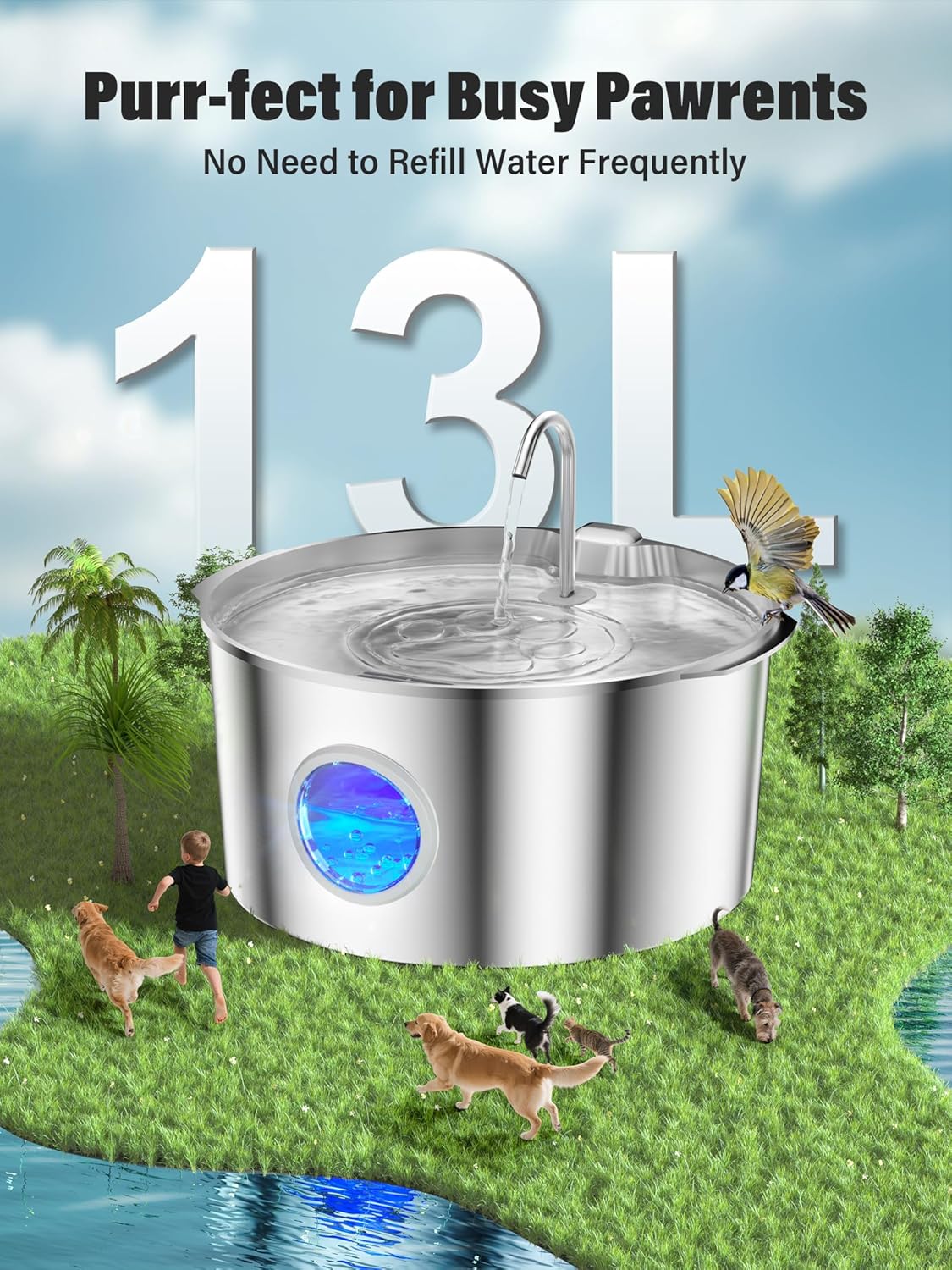 3.4Gal Dog Water Fountain for Large Dogs, Extra Large Stainless Steel Pet Water Fountain, Round Dog Water Bowl Dispenser with Metal Handle, Water Level Window, Supet Quiet Pump for Multi Pet Home