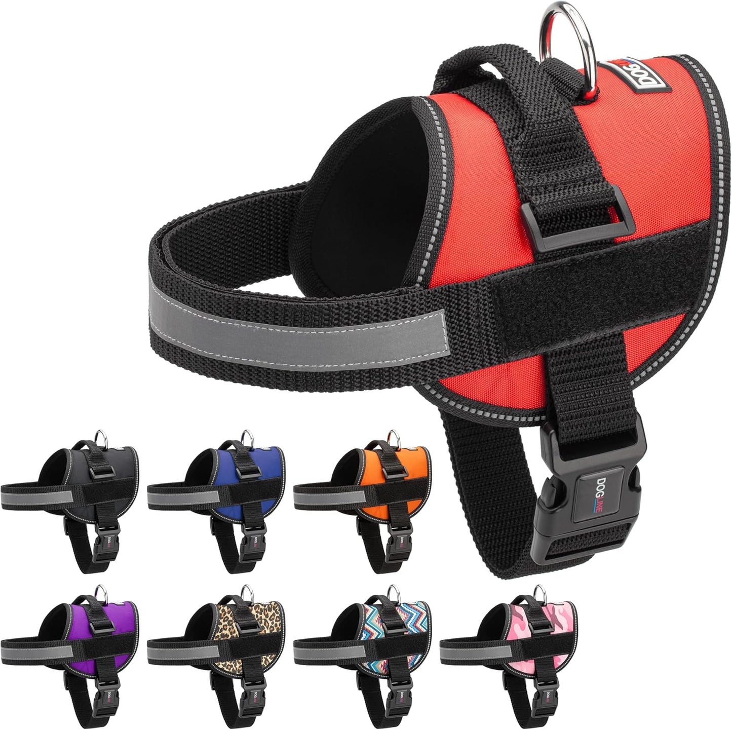 Dogline Dog Harness, Reflective No-Pull Adjustable Vest with Handle, Breathable No-Choke Harness for Small, Medium or Large Dogs Room for Patches Girth 22"-28" in Red