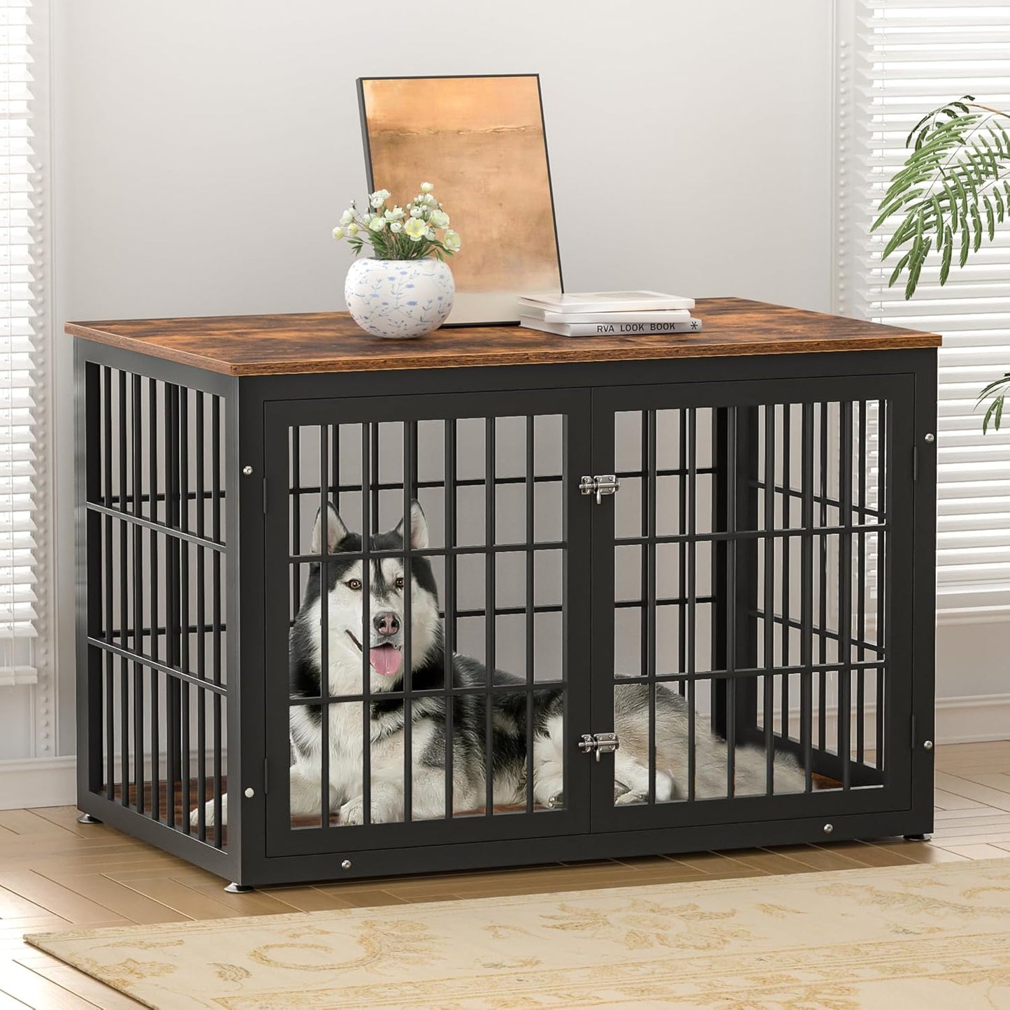 48 Inch Rustic Heavy Duty Dog Crate Furniture for Extra Large Dogs, Decorative Pet House End Table, Wooden Cage Kennel Furniture Indoor, Black and Brown