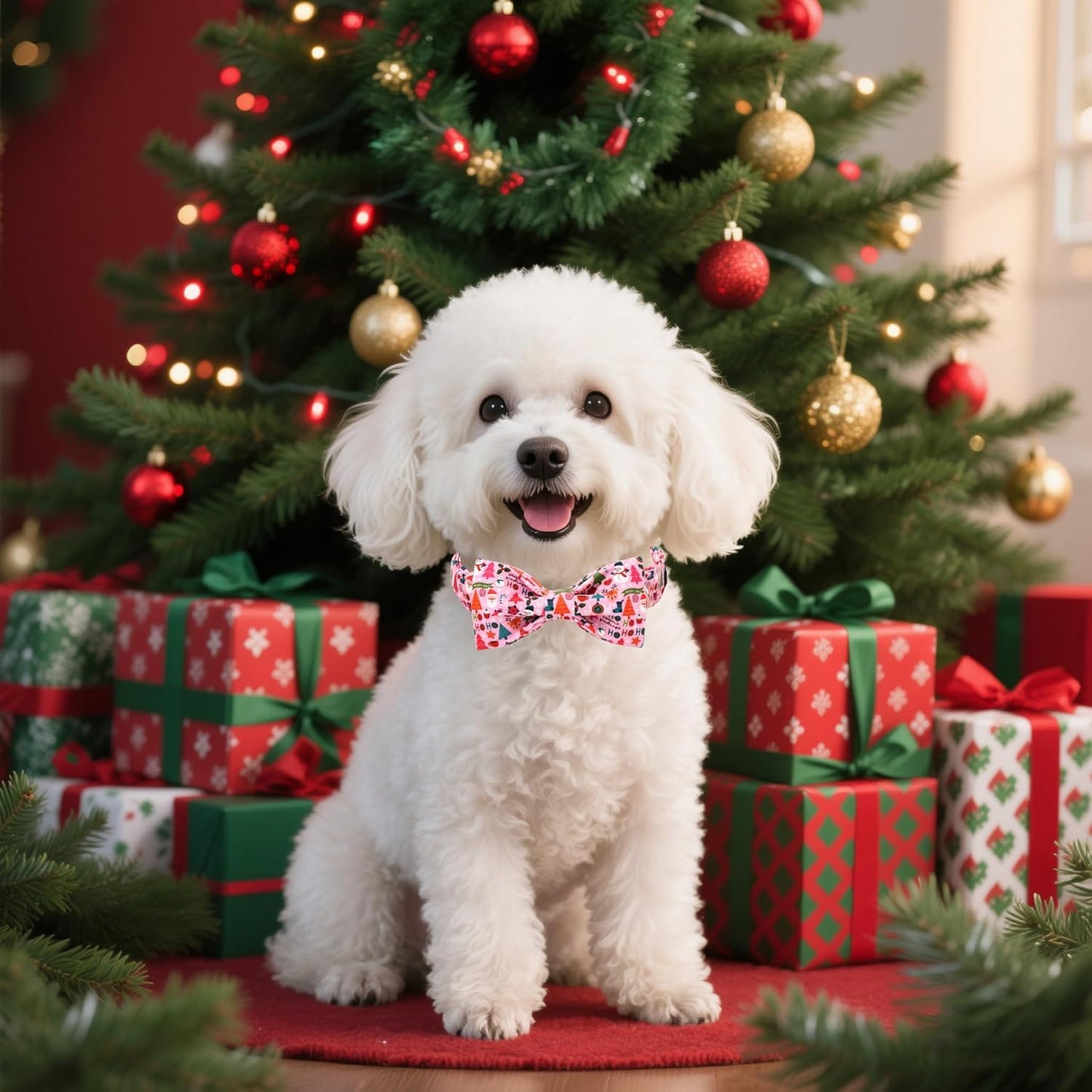 Lionet Paws Christmas Dog Collar with Bow tie,Cute Ho Christmas Tree Snowman Pink Dog Collar Bow Tie for X-Large Dogs Female, Neck 16-26 inches