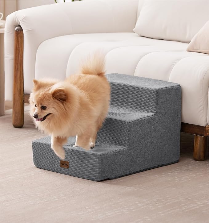 Made4Pets Dog Stairs for Small Dogs, Extra Wide Dog Steps for Bed Couch Sofa and Chair, 35D Foam Pet Steps for Small Dogs and Cats, Non-Slip Bottom Pet Stairs, Grey, 3 Steps