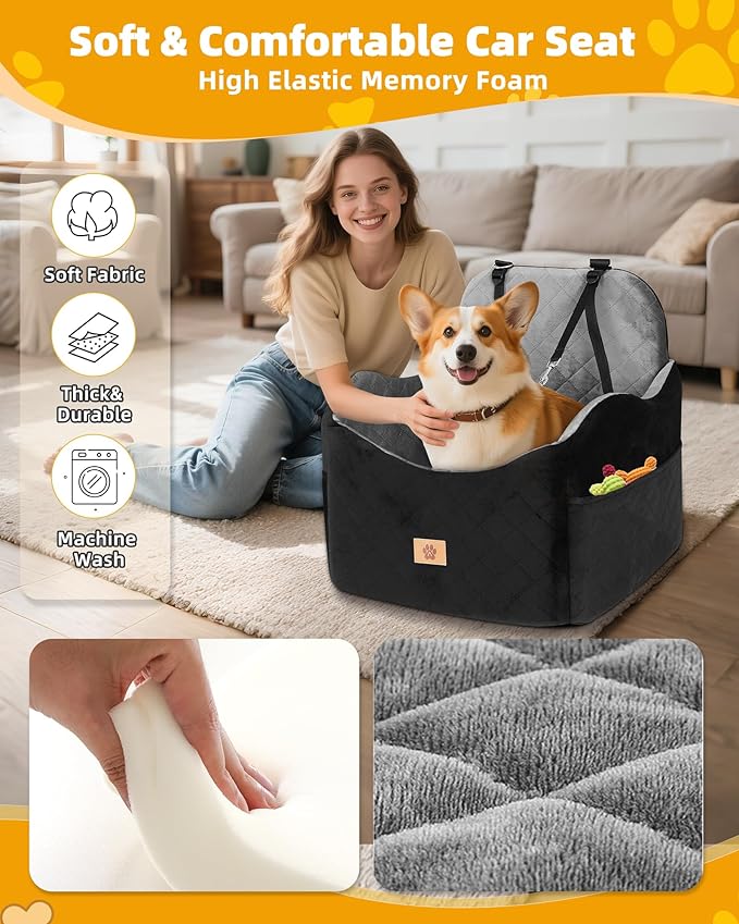 Car Seat Booster for Dog: High-Support Memory Foam Pet Car Seat for Small/Medium Dogs Under 35lbs with Elevated Cushion, Pockets - Detachable Washable Puppy Travel Bed for Driving(Black/Grey)
