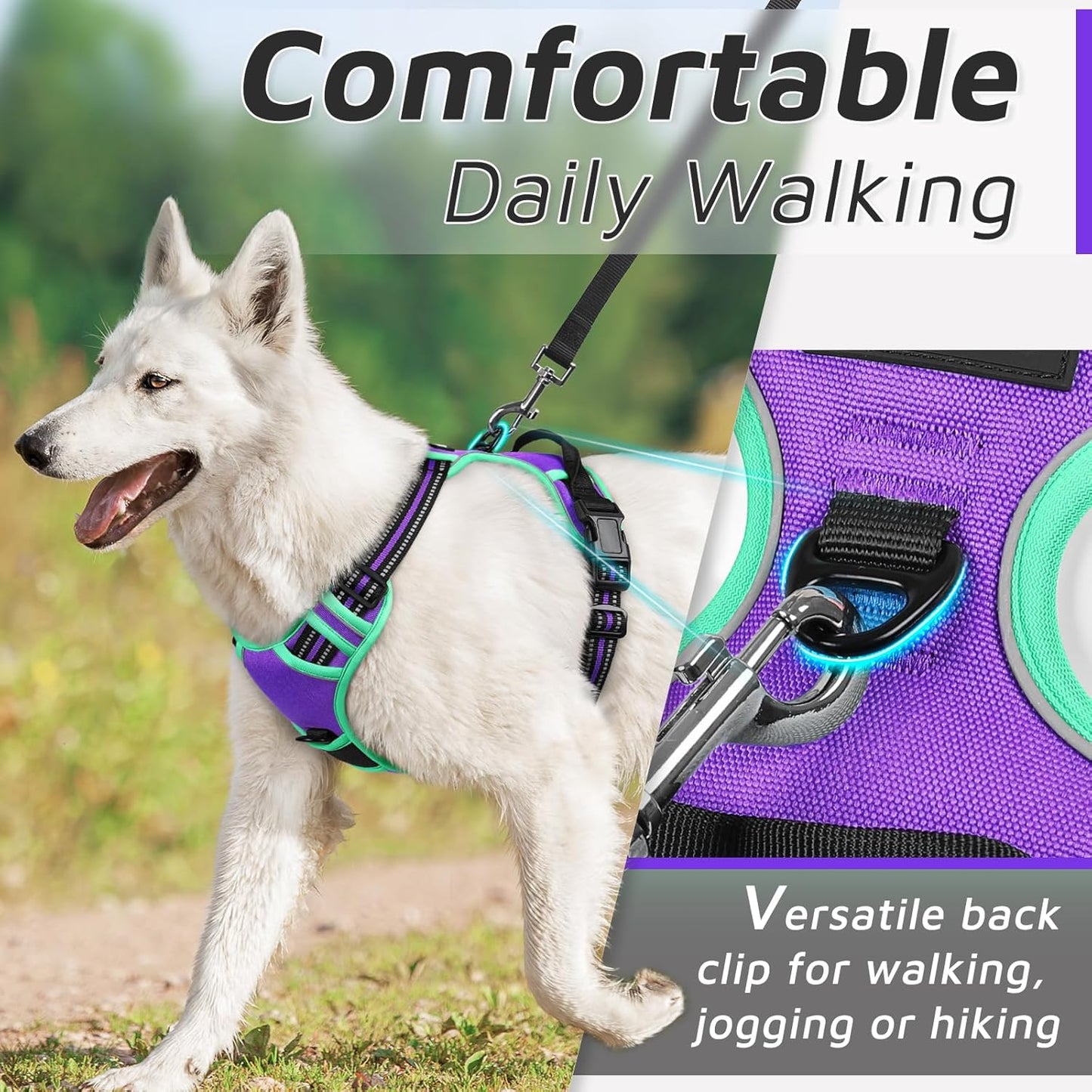 Eagloo Dog Harness for Large Dogs, No Pull Service Vest with Reflective Strips and Control Handle, Adjustable and Comfortable for Walking, No Choke Pet Harness with 2 Metal Rings, Purple & Green, XL