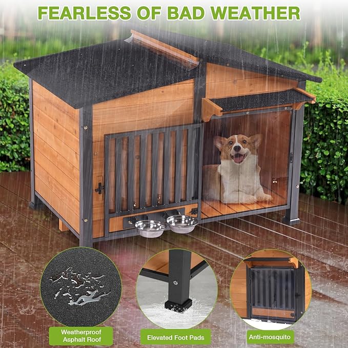 Heated Dog House Outdoor with Bowls Weatherproof Dog Kennel with Heating Pad Anti-Chewing Iron Frame Dog Shelter for Small Medium Dogs(Wooden Brown)