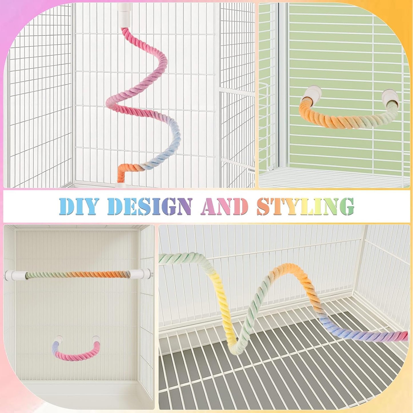 4Pcs Rope Perches for Bird Cages, Bendable Climbing Rope Cage Accessory Toy, Perfect for Parrots Cockatiels & Budgies, BirdToys, Swings & Ladders for Medium Birds