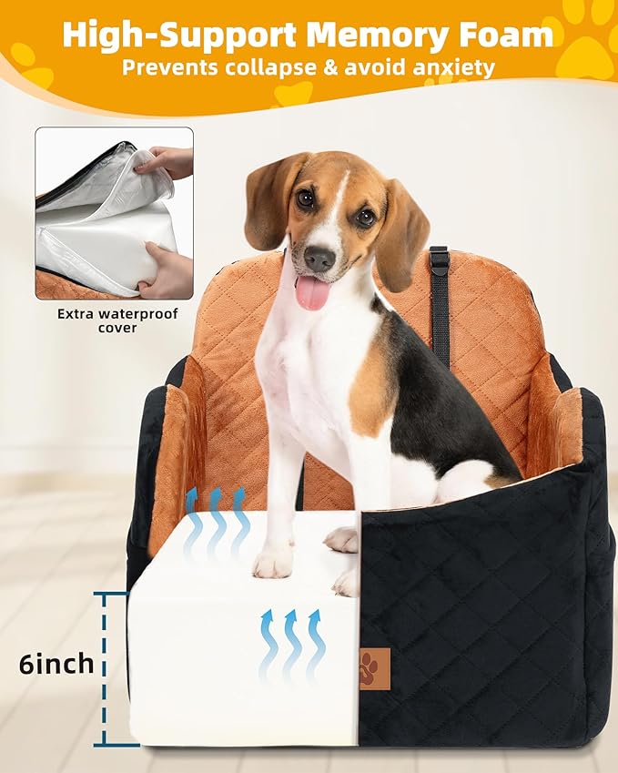 Car Seat Booster for Dog: High-Support Memory Foam Pet Car Seat for Small/Medium Dogs Under 35lbs with Elevated Cushion,Pockets - Detachable Washable Puppy Travel Bed for Driving(Black/Brown)
