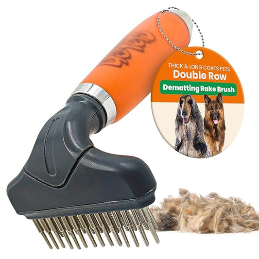 GoPets Double Row Dematting Rake, Undercoat Grooming Tool for Thick and Long Coat Pets, Ideal for Sensitive Skin, Reduces Breakage, Supports Daily Shedding Control, Detangler for Dogs and Cats