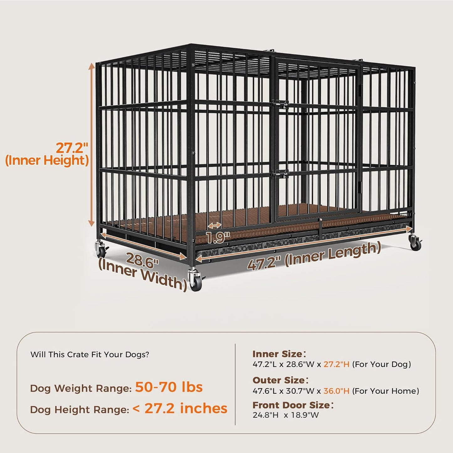 48"/38" Dog Crates for Large Dogs, Upgraded 4 Lockable Wheels, Removable Door, Dog Kennel Indoor, Max Load 300Lbs, Easy to Clean, Removable Tray, XL Dog Cage for Large and Medium Dogs