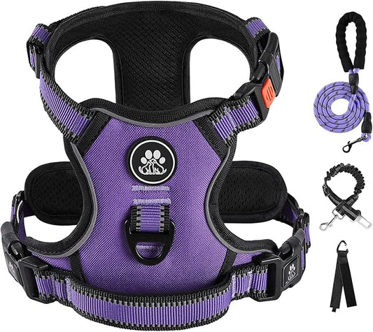 IVY&LANE No Pull Dog Harness for Medium Dogs, Dog Vest Harness with Leash, Safety Belt and Storage Strap, Fully Adjustable Harness, 360° Reflective Strip, Soft Handle (Purple, M)