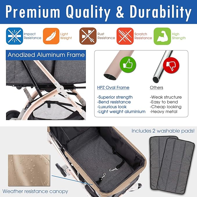 HPZ-PR America Pet Rover Lite Premium Light-Weight Dog/Cat/Pet Stroller Travel Carriage with Convertible Compartment/Aluminum Frame for Small & Medium Pets (Taupe 2nd-Gen.)