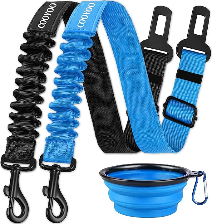 COOYOO Dog Seat Belt,3 Piece Set Retractable Dog Car Harness Adjustable for Vehicle Nylon Pet Safety Heavy Duty & Elastic