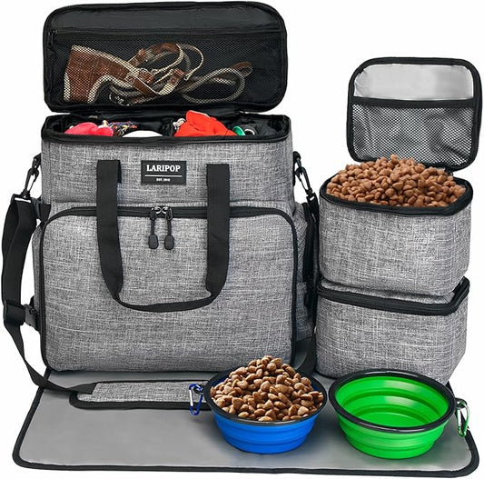 Dog Travel Bag,Weekend Pet Travel Bag Set for Dog and Cat,Airline Approved Tote Multi-Function Dog Bags for Traveling,Include 2 Collapsible Bowls,2 Food Storage Containers,1 Feeding Mat,Gray