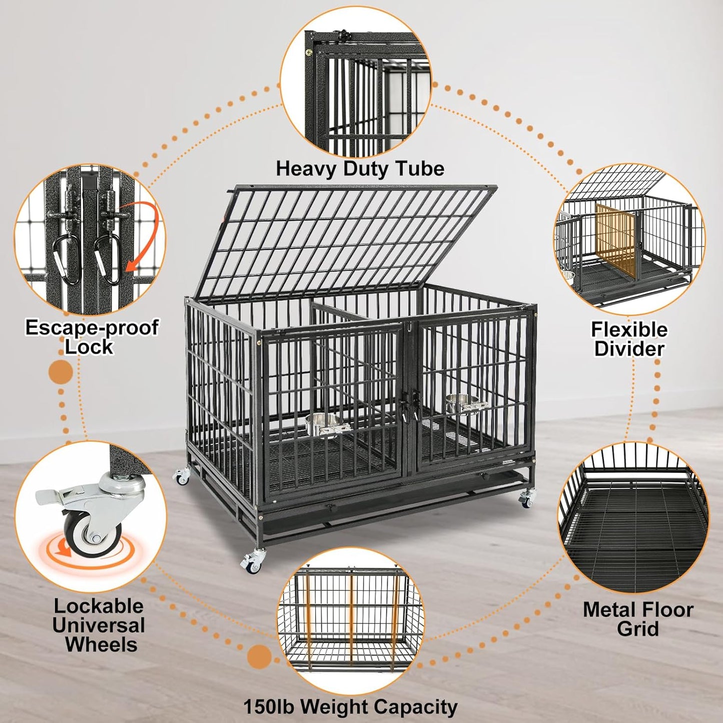 Homey Pet 43 inch Dog Crate Stackable Heavy Duty Dog Kennel Indoor Dog Grooming Cage with Detachable Divider, Removable Tray, Wheels, Feeding Bowls (2 Tiers)