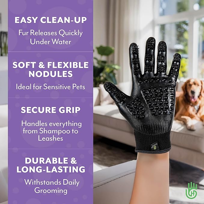 H HANDSON Pet Grooming Gloves - Patented #1 Ranked, Award Winning Shedding, Bathing, & Hair Remover Gloves - Gentle Brush for Cats, Dogs, and Horses (Purple, Medium)