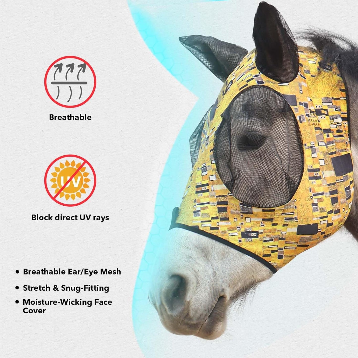 Harrison Howard Super Comfort Stretchy Fly Mask Large Eye Space with UV Protection Soft on Skin with Breathability Golden Shape M