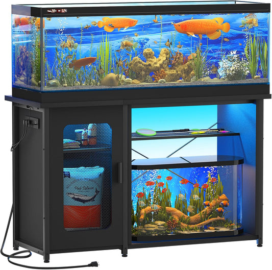 55-75 Gallon Fish Tank Stand with Power Outlets & LED Light, Reversible Heavy Duty Metal Aquarium Stand with Cabinet for Fish Tank Accessories Storage, Turtle/Reptile Terrariums, Black