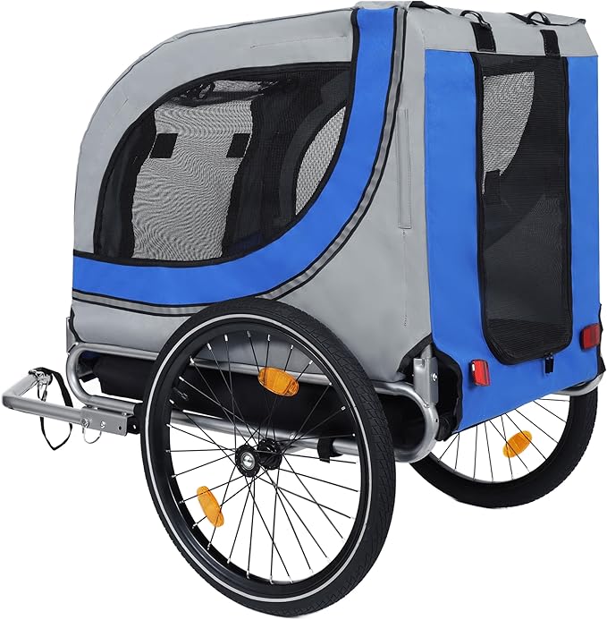 Blue-Grey Large Folding Bike Trailer for Dogs – Heavy-Duty Steel Frame, 66LB Capacity Pet Carrier for All-Terrain Cycling, Jogging & Camping Adventures!