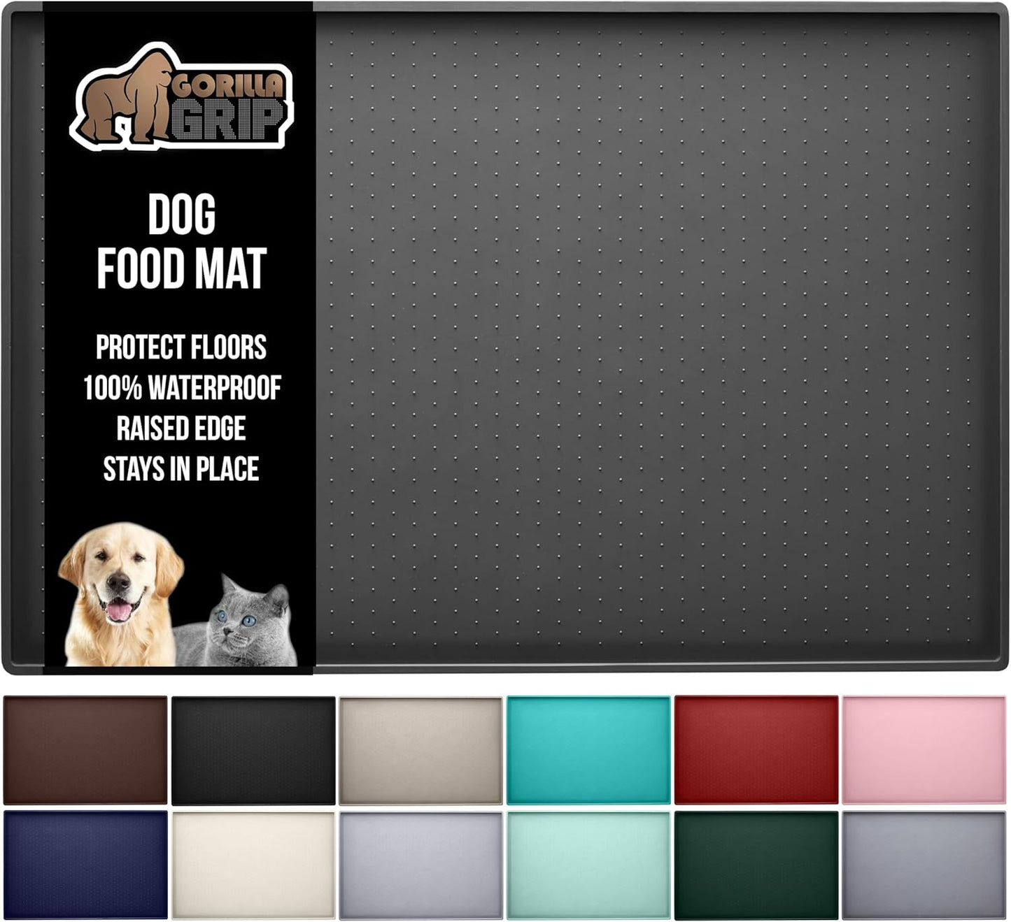 GORILLA GRIP 100% Waterproof Raised Edge BPA Free Silicone Pet Feeding Mat, Dog Cat Food Mats Contain Spills Protects Floors, Placemats for Cats and Dogs Water Bowl, Pets Accessories 23x15 Charcoal