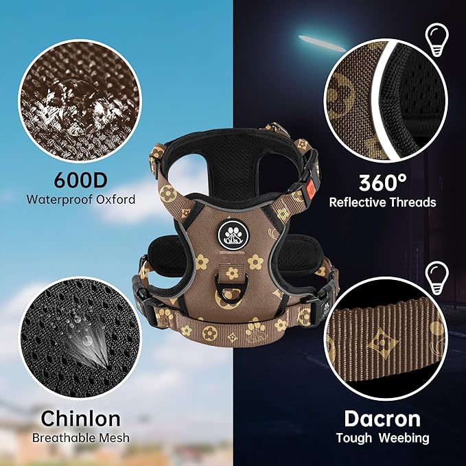 NESTROAD No Pull Dog Harness,Adjustable Oxford Dog Vest Harness with Leash,Reflective No-Choke Pet Harness with Easy Control Soft Handle for Large Dogs(X-Large,Dark Brown)