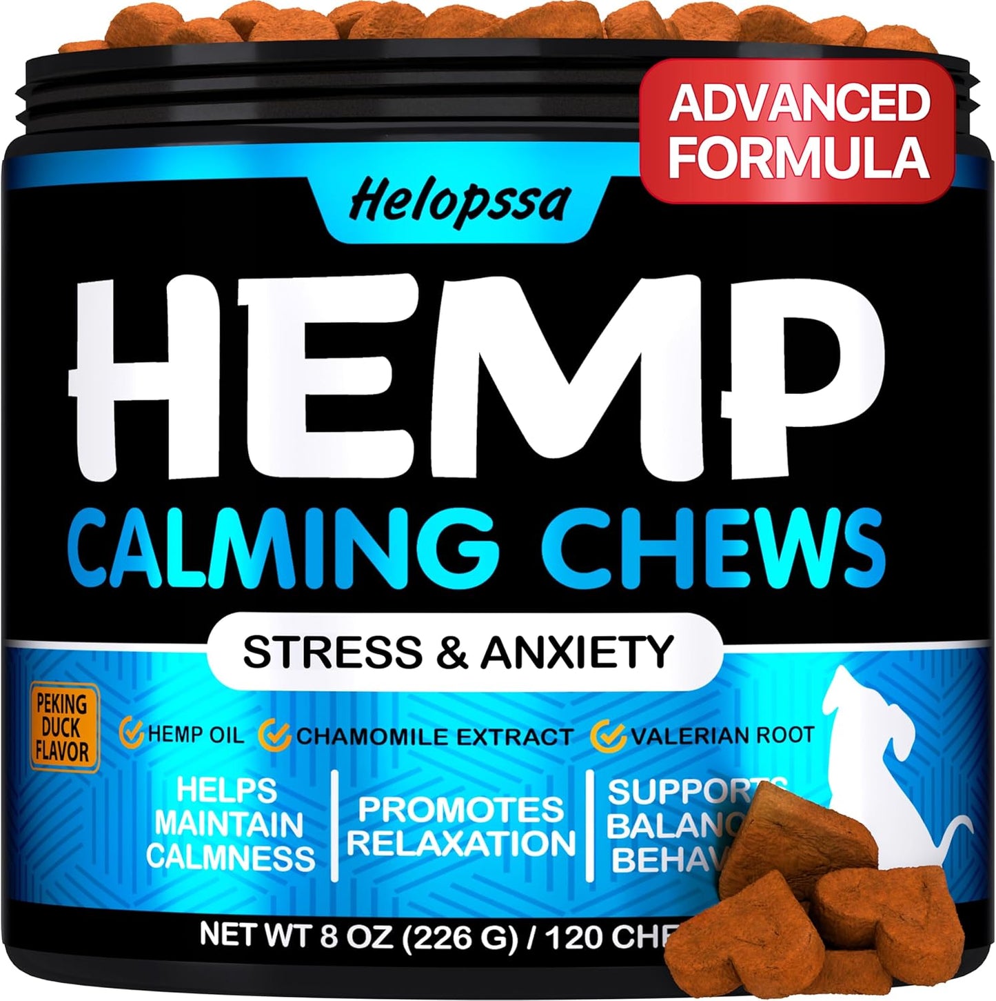 Hemp Calming Chews for Dogs with Anxiety and Stress - Anxiety Relief Chews for Storms, Fireworks, Thunder, Barking, Separation - Valerian, L-Tryptophan, Hemp Oil - Peking Duck- 120 Dog Calming Treats