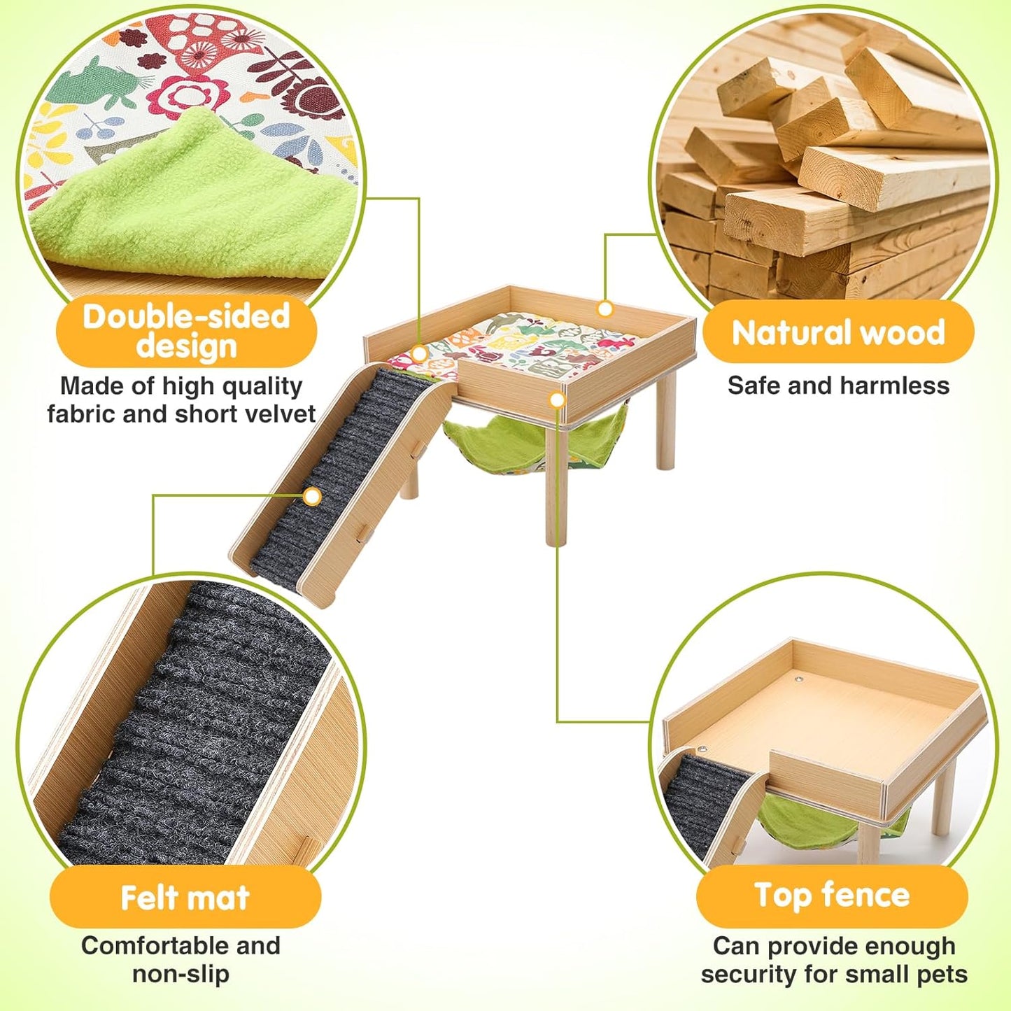 Guinea Pigs Hammock with Platform, Safe Wooden Guinea Pig Hideout with Stairs, Durable Small Pet Bed for Piggies Chinchilla Rat Hamster Bunny (Single Hammock)