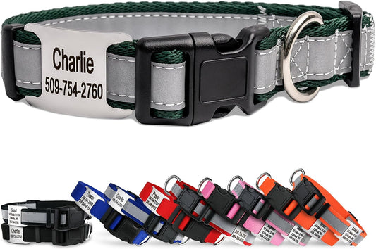 GoTags Reflective Personalized Dog Collar with Nameplate, Adjustable Dog Collar with Custom Engraved Steel Slide On Pet ID Tag, Silent, No Noise Dog Tag for Large Medium or Small (Hunter Green, Small)