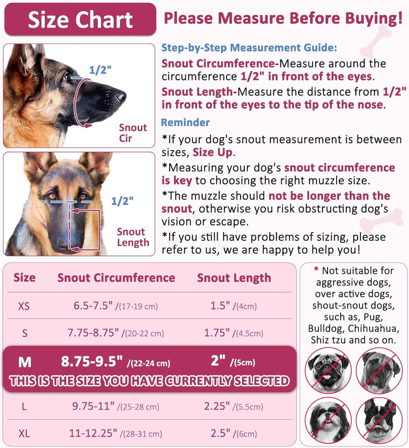 LUCKYPAW Dog Muzzle, Soft Muzzles for Large Medium Small Dogs to Prevent Biting Chewing with Ring and Adjustable Strap for Vet Visit Training (Hot Pink, M)