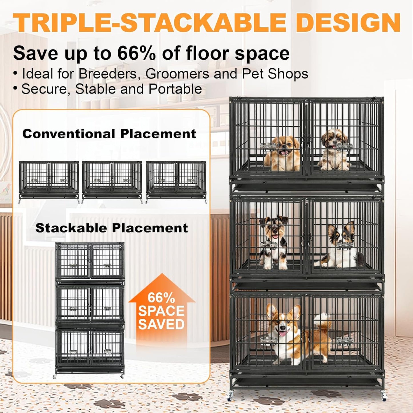 Homey Pet 3 Pack Three Tiers 43 inch Stackable Heavy Duty Dog Crate with Wheels, Indestructible Steel Dog Cage Kennel Indoor with Detachable Divider, Trays, Feeding Bowls, Escape Proof Locks