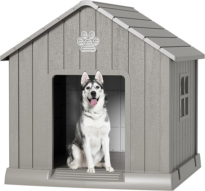 Large Dog House Outdoor Indoor for Medium Large Dogs, Durable Plastic Waterproof Doghouse with Air Vents and Elevated Floor, Easy Clean and Assemble (Grey, 37.2" L x 40" W x 40" H)