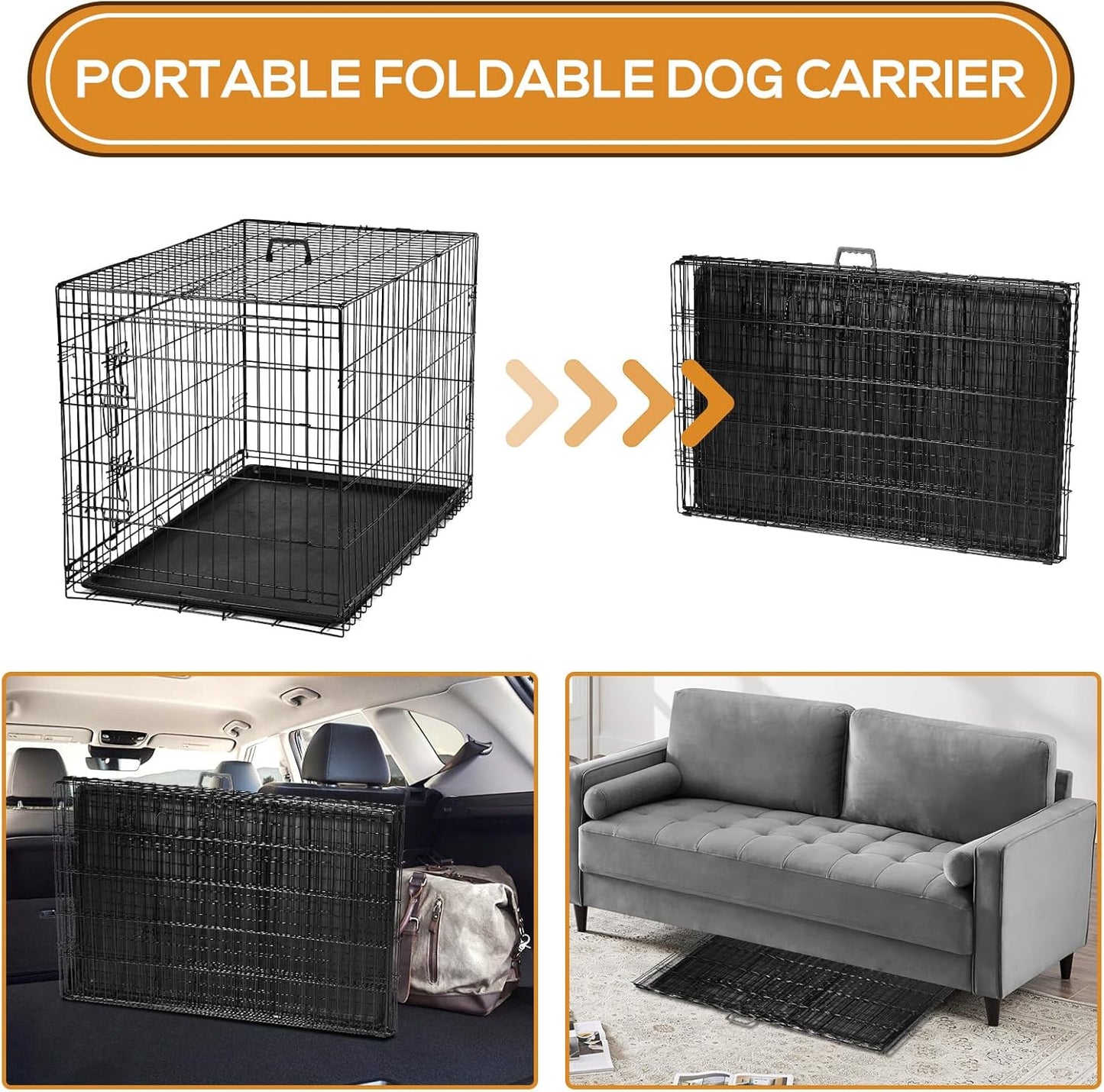 48 Inch Dog Crate Dog Cage for Extra Large Dogs with Divider Panel, Metal Cages with Double Door, Leak-Proof Pan Tray, Folding Portable for Indoor Outdoor Travel
