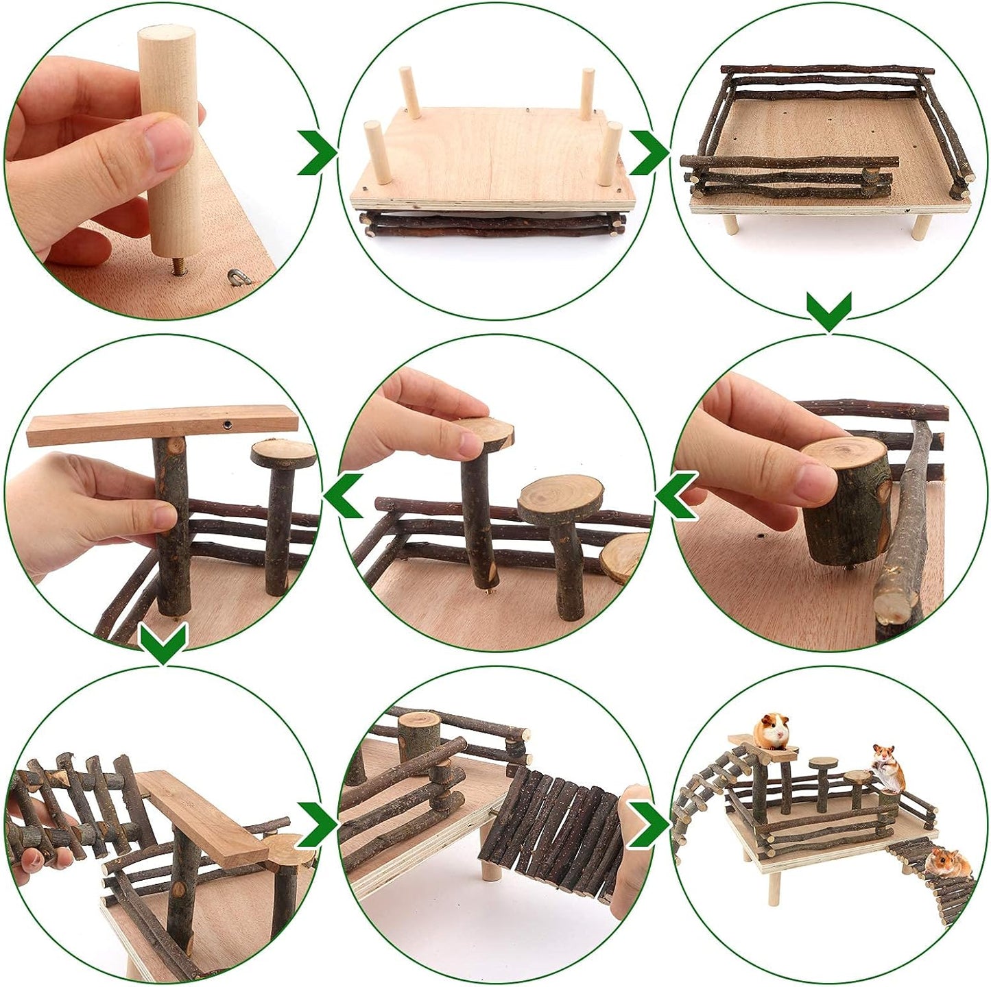 HOSUKKO Hamster Climbing Toys Wooden Hamster Playing Activity Set, Hamster Activity Playground Climb Platform Apple Wood Chewing Toys for Hamster Small Pets (D-Playground with Large Bridge)