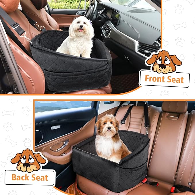 Dog Car Seat for Small Medium Dogs,Detachable Washable Dog Booster Seat Under 30lbs, Pet Car Seat Travel Bed with Storage Pockets and Dog Safety Belt (Black)