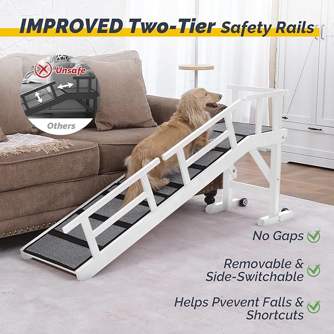 Dog Ramp for Bed or Couch, Wooden Pet Ramp with 20° Gentle Slope, Removable Side Rails, Non-Slip Surface, Top Platform & Wheels, Safe Bed Ramp for Small, Medium & Senior Dogs, 60" Long, White