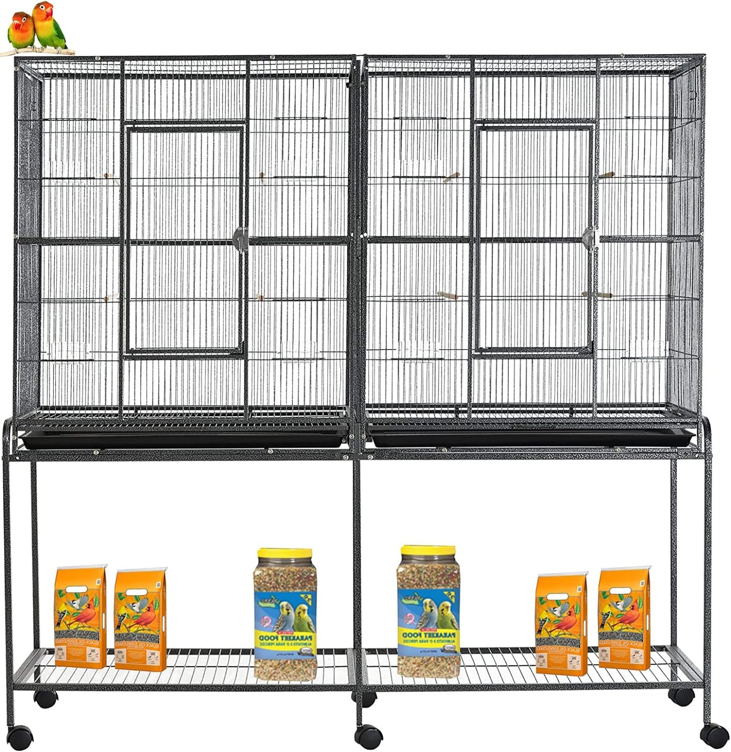 54" Large Double Breeding Flight Bird Wrought Iron Double Parrot Bird Cage Slide Out Center Divider Side Nesting Doors Cockatiel Conure Removalbe Rolling Stand
