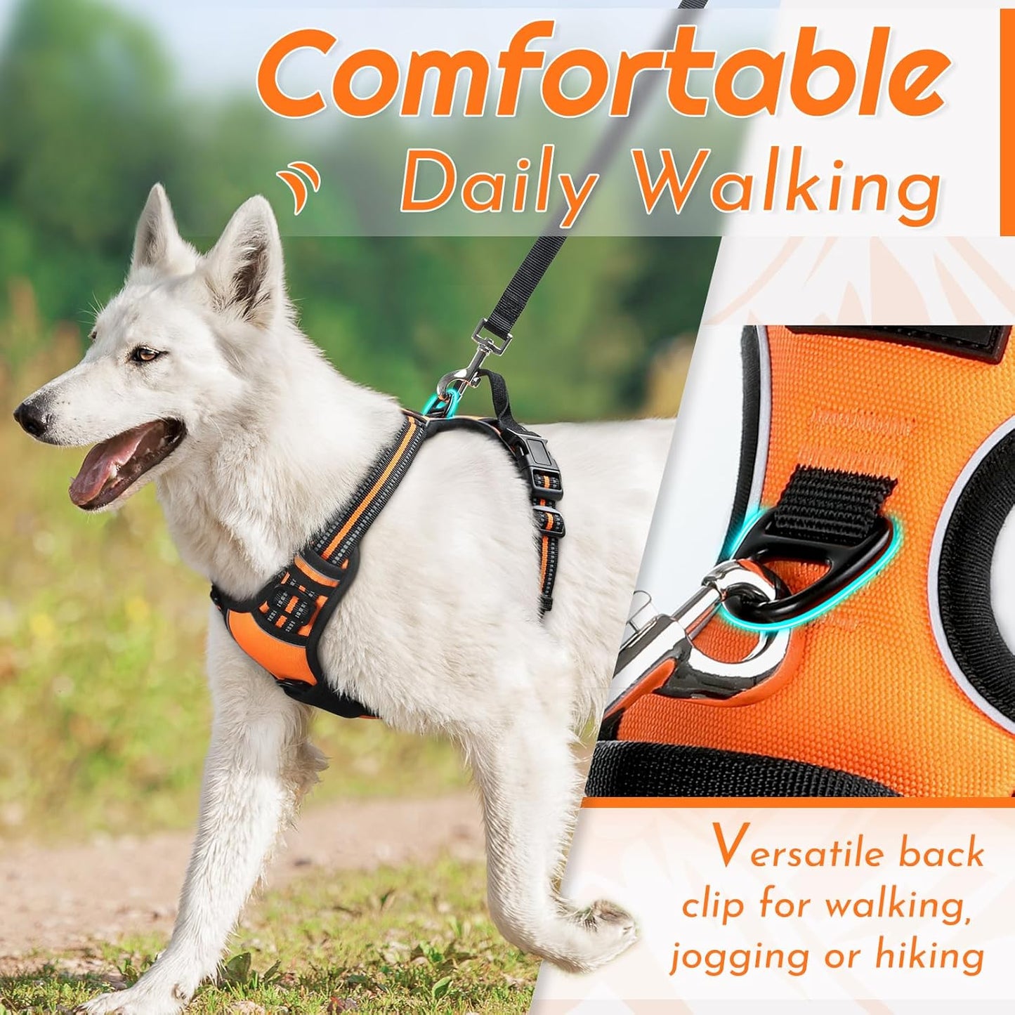 Eagloo Dog Harness for Large Dogs, No Pull Service Vest with Reflective Strips and Control Handle, Adjustable and Comfortable for Walking, No Choke Pet Harness with 2 Metal Rings, Orange, XL