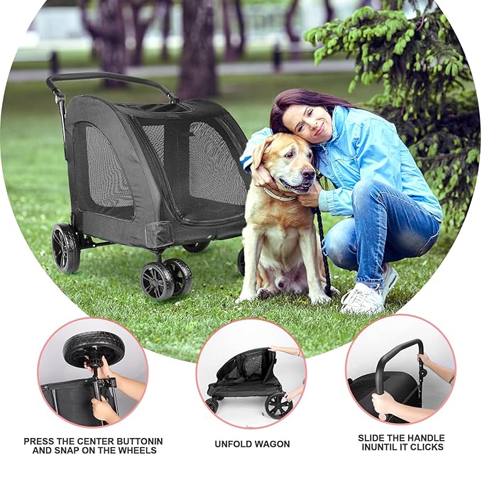 Large Dog Travel Stroller with 4 Heavy Duty Wheels Pet Stroller with Adjustable Handle - Double Doggie Capacity Jogger Wagon with Back Front Door for Small Medium Large Dogs (Black)
