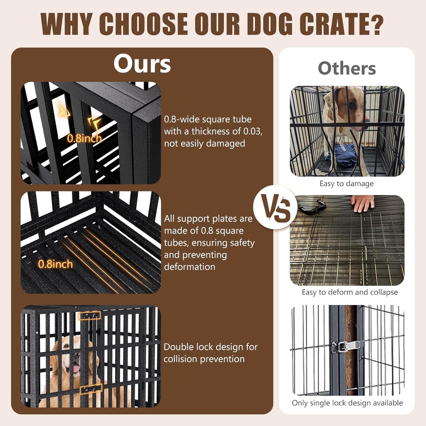 38 Inch Heavy Duty Dog Crate for Large Dogs,Upgraded Escape-Proof Kennel with Chew-Resistant Metal & Reinforced Base, Double Door Cage with Wheels & Removable Tray, Holds Up to 200lbs