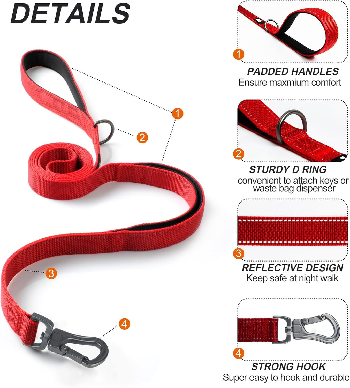 TwoEar 4FT 1IN Strong Red Dog Leash with 2 Padded Handles, Traffic Handle Extra Control, Comfortable Soft Dual Handle, Auto Lock Hook, Reflective Walking Lead for Small Medium and Large Dogs