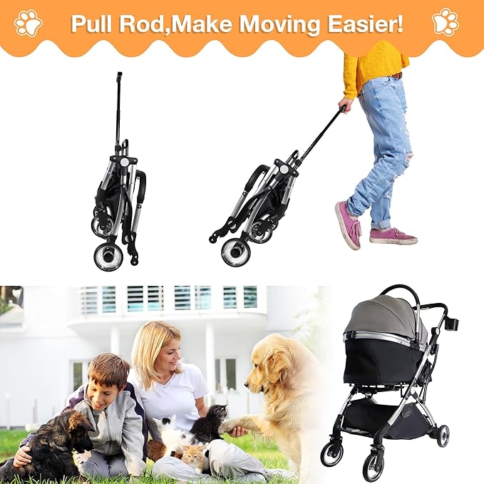 Dog Stroller for Small Medium Dogs, 3 in 1 Folding Pet Stroller Up to 33 lbs, 4 Wheels Pet Strolling Cart with Zipperless Entry, Cat Dog Travel Carrier with Telescopic Handle and Storage Basket