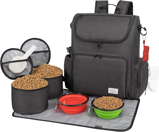 Modoker Dog Travel Bag Backpack, Airline Approved Pet Accessories Organizer for Dog and Cat with Shoulder Strap, 2 Dog Food Storage Containers, 2 Collapsible Dog Bowls,1 Pet Mat, Black
