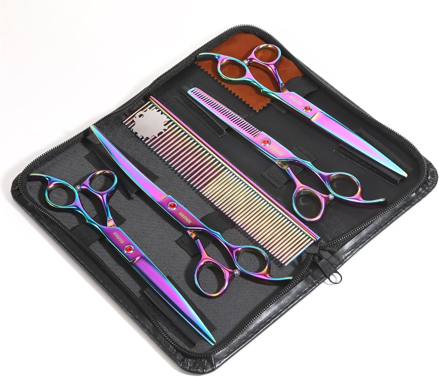 7.0in Titanium Professional Pet Grooming Scissors Set, GEMEK 6 in 1 Straight & Thinning & Upwards Curved & Downwards Curved Scissors & Comb for Dogs, Cats (Rainbow)