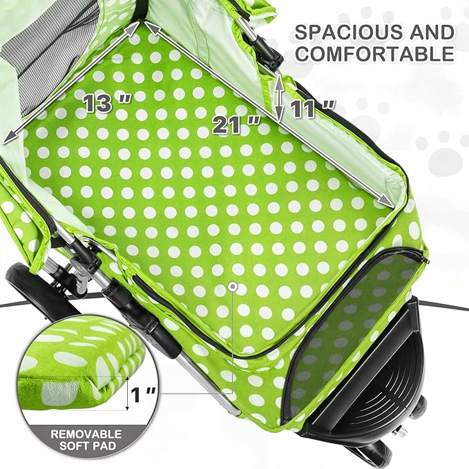 MoNiBloom 3 Wheels Pet Dog Cat Stroller for Small Medium Dogs Cats, Foldable Jogger Stroller w/Storage Basket and Cup Holder, Lawn Green Polka Dots