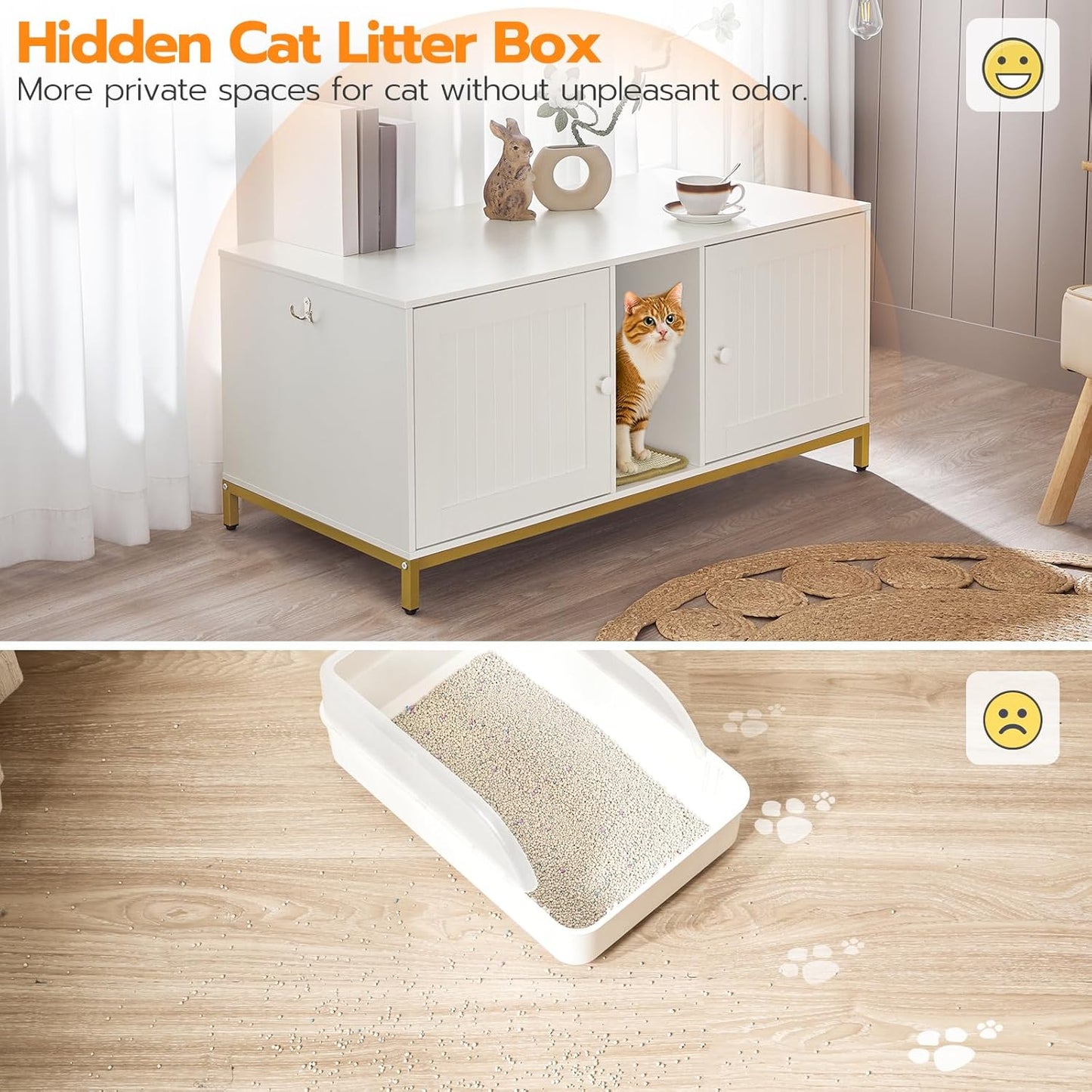 HOOBRO 44" Cat Litter Box Enclosure for 2 Cats, Double Cat Litter Box Furniture Hidden, TV Stand Litter Box Enclosure with Cat Scratching Mat, Cat House, Cat Washroom Cabinet, White, Gold DW20MW01