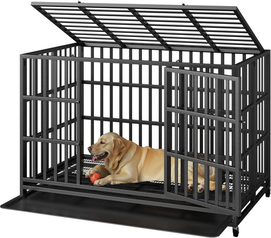 48 Inch Heavy Duty Indestructible Dog Crate Steel Escape Proof, High Anxiety Cage, Kennel with Wheels, Removable Tray, Extra Large XL XXL