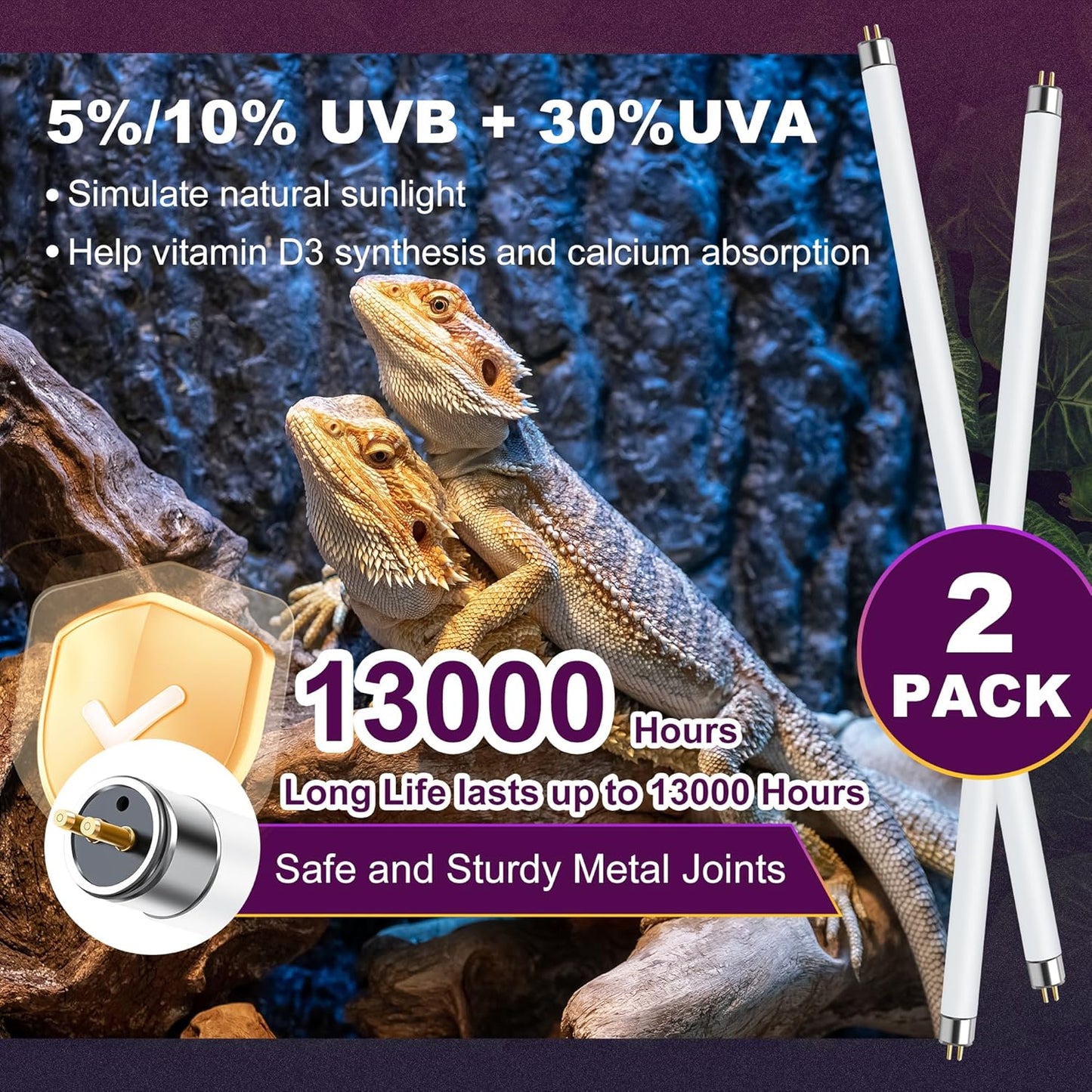 5.0 UVB Light for Reptiles, T5 HO 8 Watt Reptile Lamp Tube, Pack of 2 Fluorescent UVB Bulb, Basking Light for Bearded Dragon, Simulate Natural Sunlight for Reptiles and Amphibians
