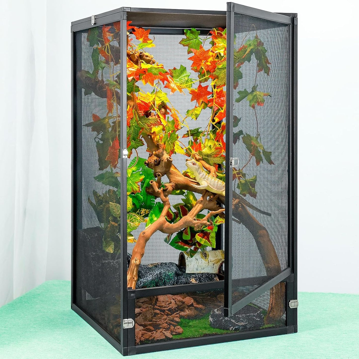 45 Gal Detachable and Foldable Reptile Butterfly Cage Terrarium, 360° Observation, Airflow, Interaction in Gecko Tank for Crested Geckos, Leopard Geckos, Chameleons, Bearded Dragons