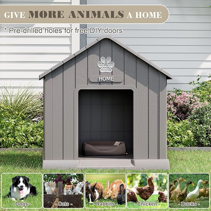 Large Dog House Outdoor Indoor for Medium Large Dogs, Durable Plastic Waterproof Doghouse with Air Vents and Elevated Floor, Easy Clean and Assemble (Grey, 37.2" L x 40" W x 40" H)