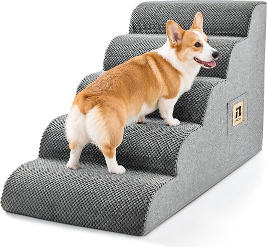 IFNOW Dog Stairs for Small Medium Dogs and Cats 19.7" H, 5-Step Studry Dog Steps for Bed, Couch, High Density Foam Pet Stairs for Dogs to Get on Bed, Non-Slip Balanced Curved Indoor Pet Ramp, Grey