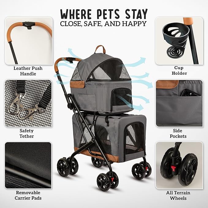 Double Pet Stroller with Detachable Carriers - Ideal for 2 Dogs or Cats - Compact & Convenient Design - Easy Assembly Double Dog Stroller - Graphite Gray